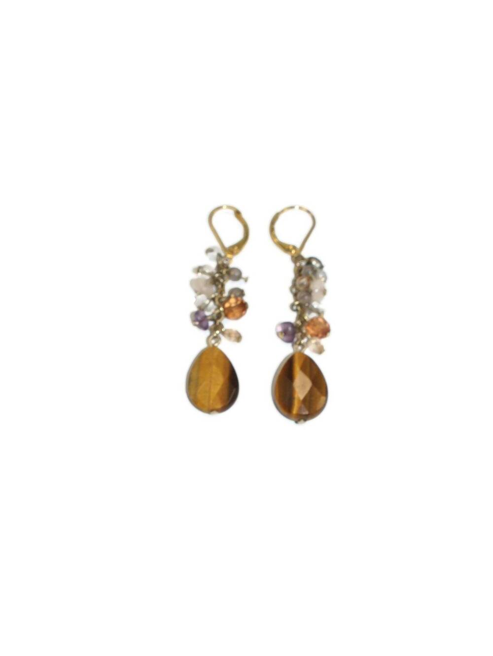 Vintage Gold Tone Faceted Tiger Eye and Plastic Beads Dangle Earrings.